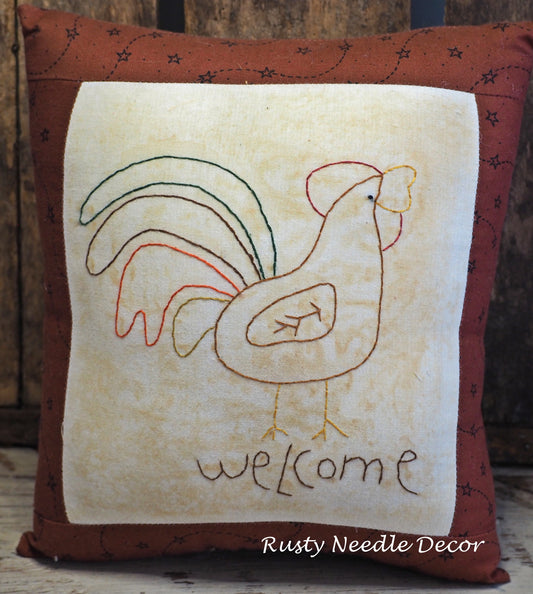 Hand Embroidered Rooster Welcome Pillow