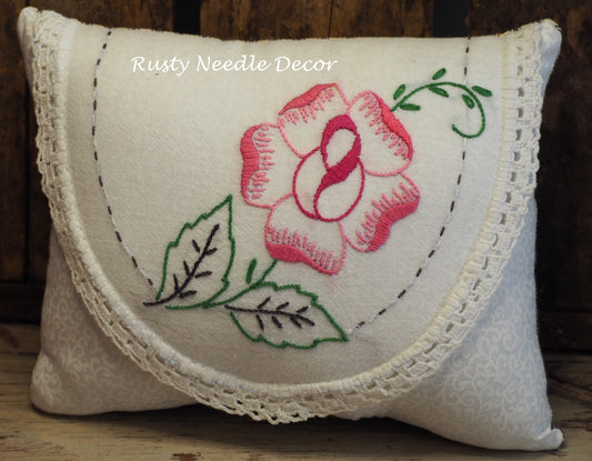 Handmade pillow with vintage hand embroidered rose dresser scarf