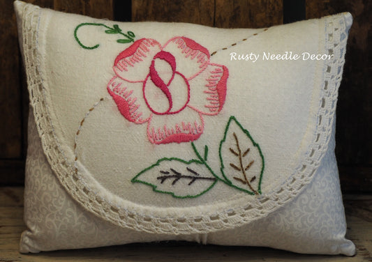 Handmade pillow with vintage hand embroidered rose dresser scarf