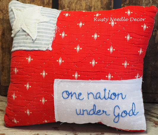 Handmade vintage quilt  embroidered American Flag pillow