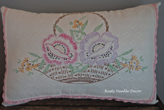 Handmade pillow with vintage hand embroidered Floral Basket dresser scarf