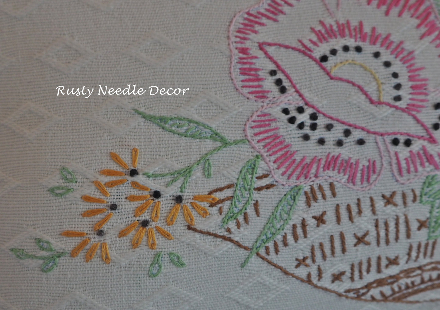 Handmade pillow with vintage hand embroidered Floral Basket dresser scarf