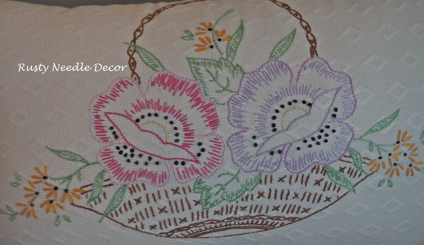 Handmade pillow with vintage hand embroidered Floral Basket dresser scarf