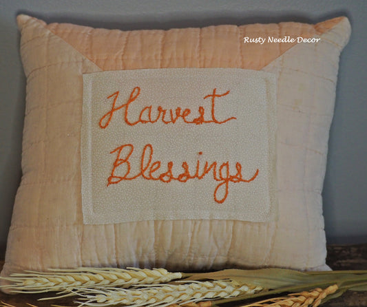 Fall Vintage Quilt Hand Embroidered Pillow - Harvest Blessings