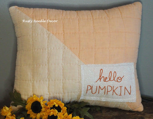 Fall Vintage Quilt Hand Embroidered Pillow - Hello Pumpkin