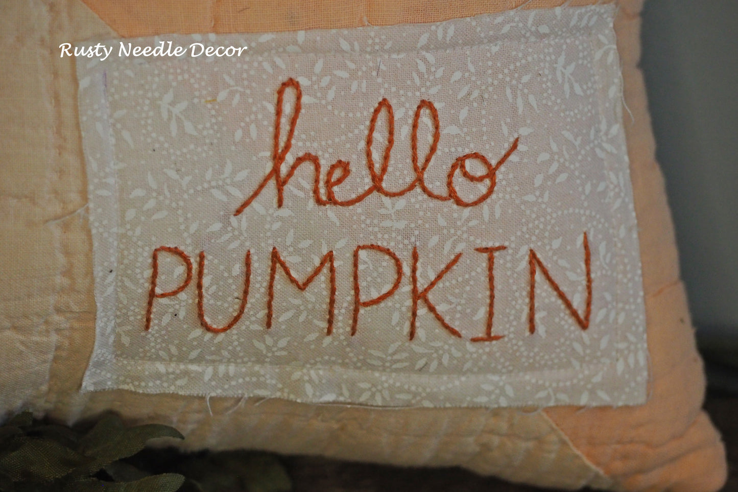 Fall Vintage Quilt Hand Embroidered Pillow - Hello Pumpkin