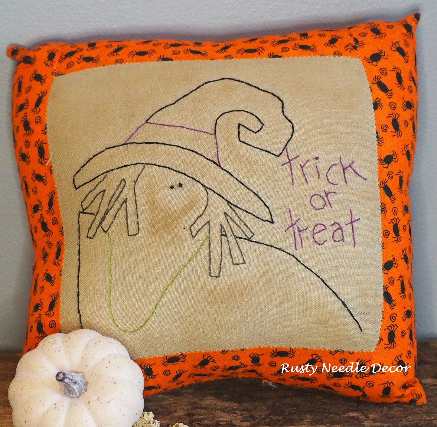 Hand Embroidered Halloween Witch Trick or Treat Pillow