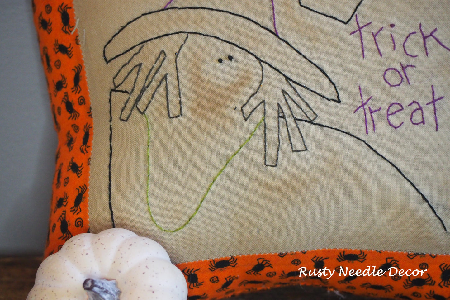 Hand Embroidered Halloween Witch Trick or Treat Pillow