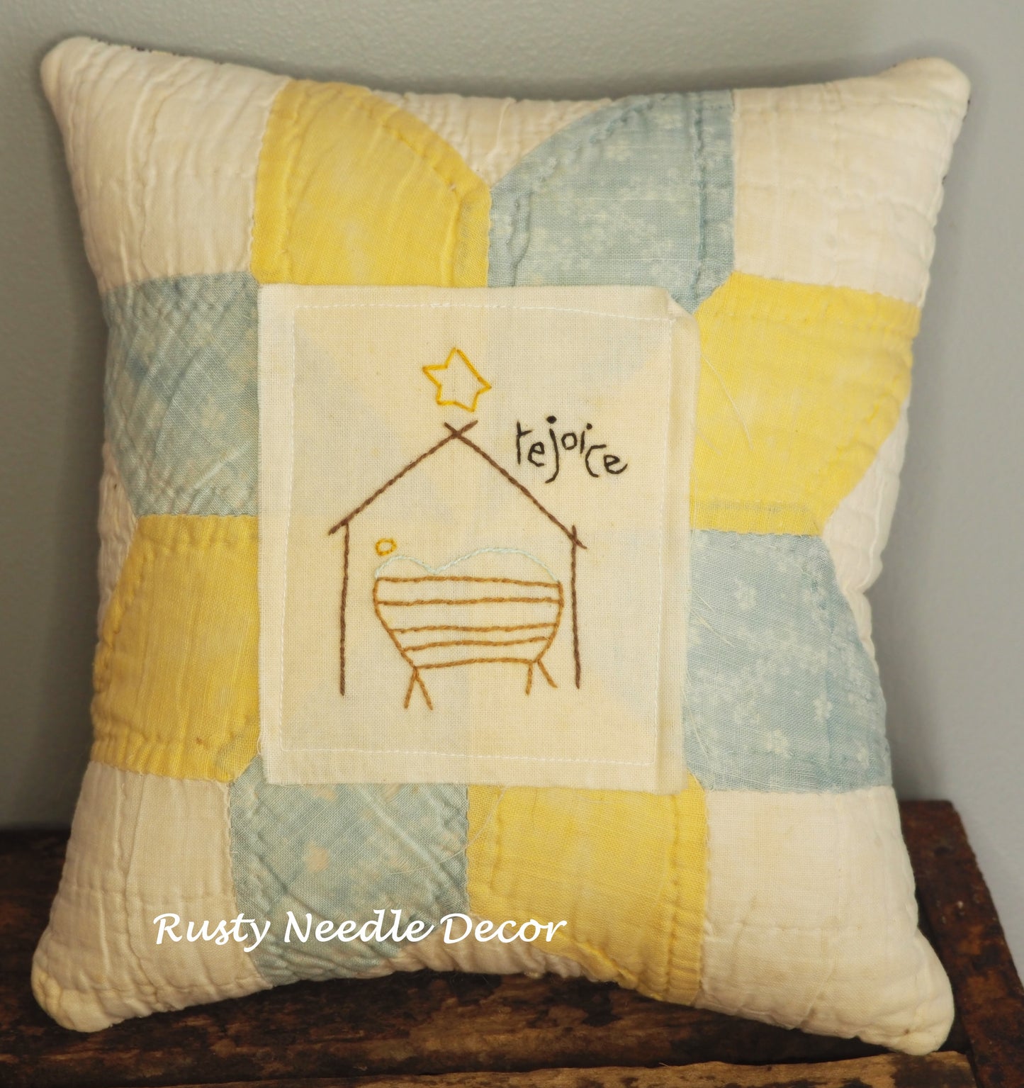 Handmade vintage quilt embroidered Manger Pillow