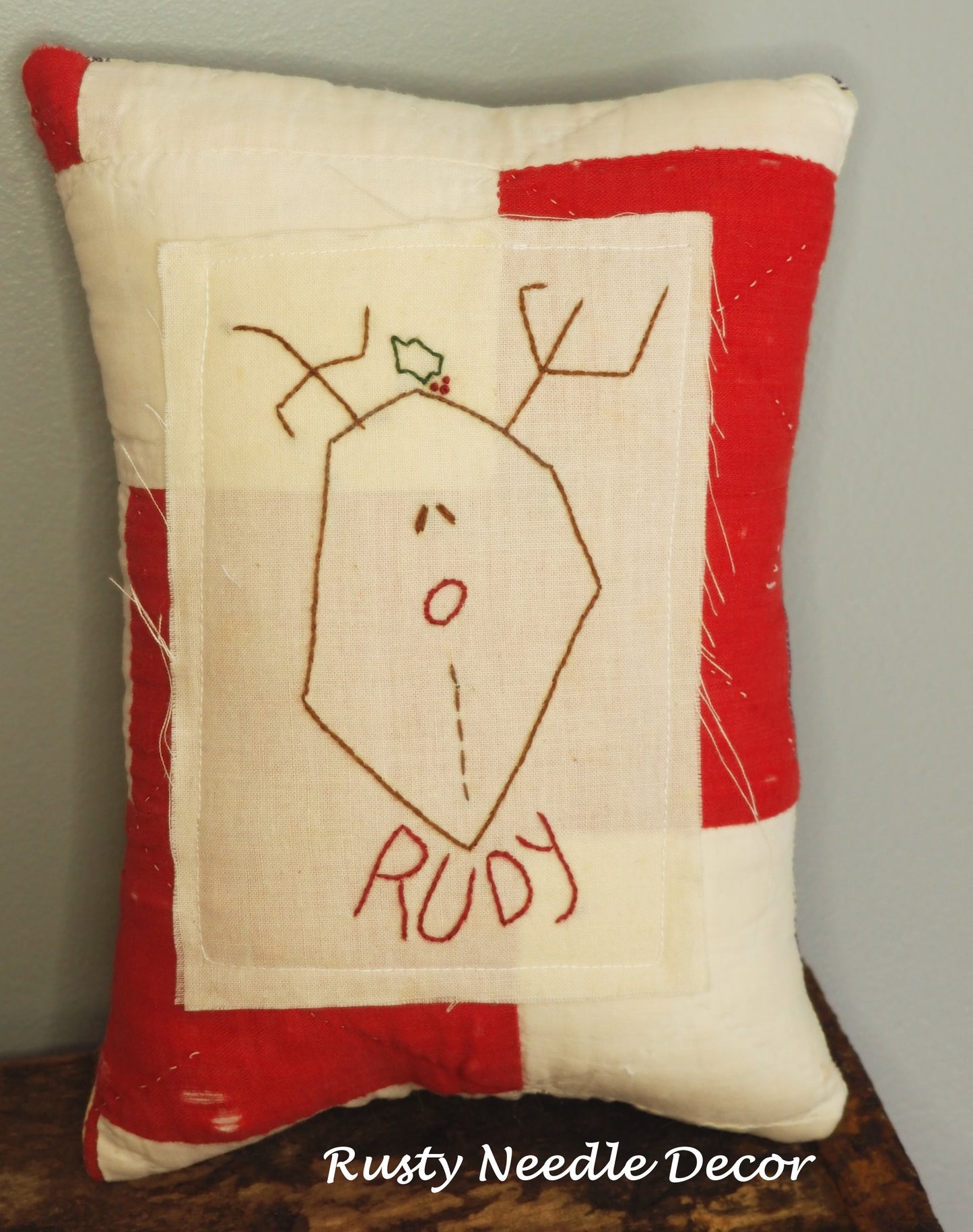 Vintage Handmade Rudolph Quilt Pillow