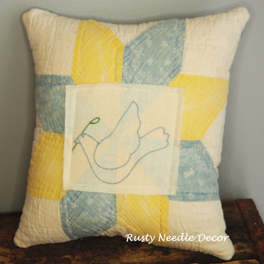 Handmade vintage quilt embroidered Dove pillow